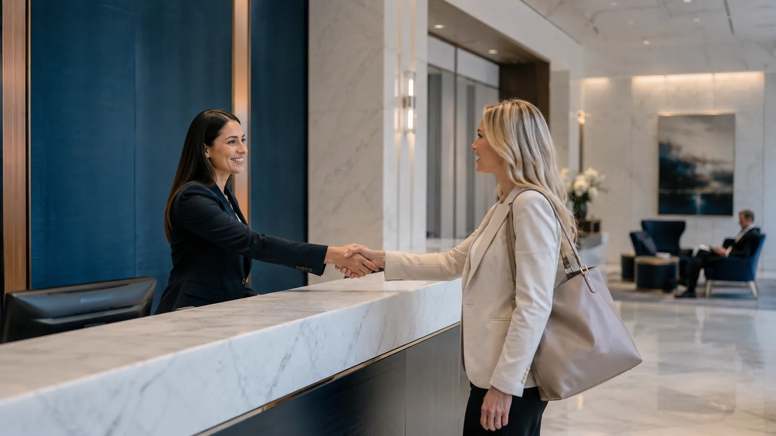 Customer welcomed into a modern banking branch