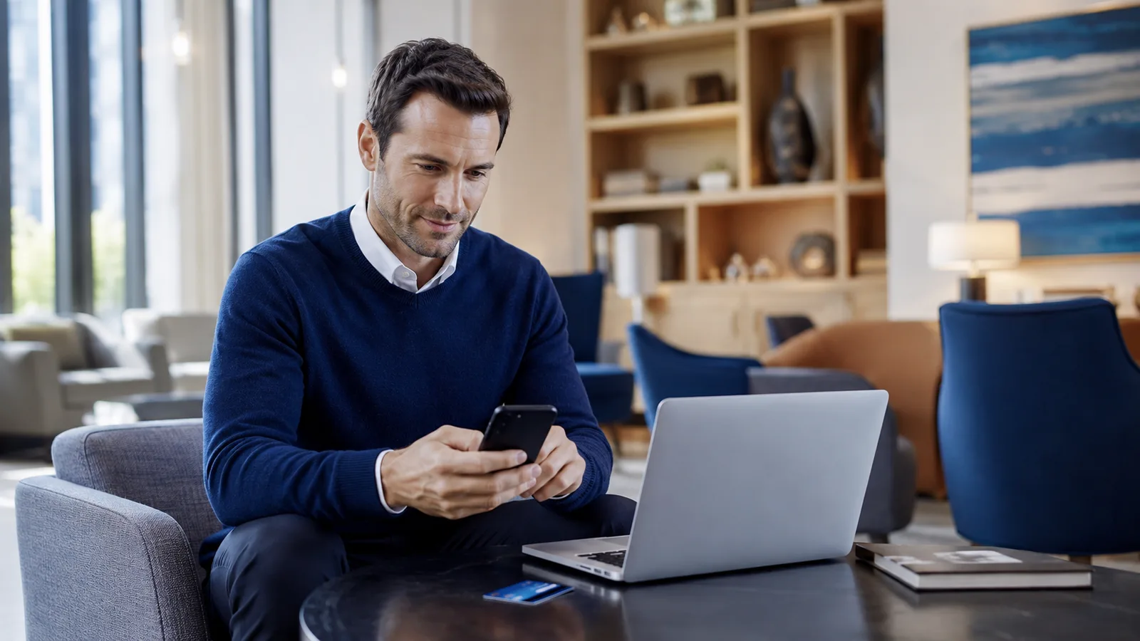 Customer using secure mobile banking at home