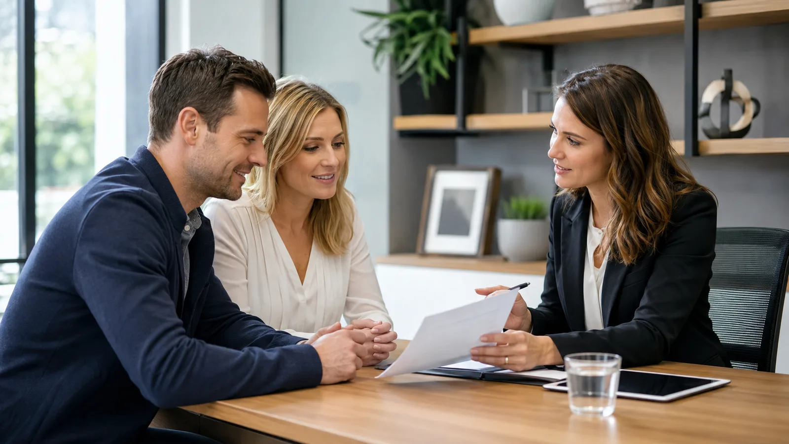 Couple reviewing lending documents with a bank adviser